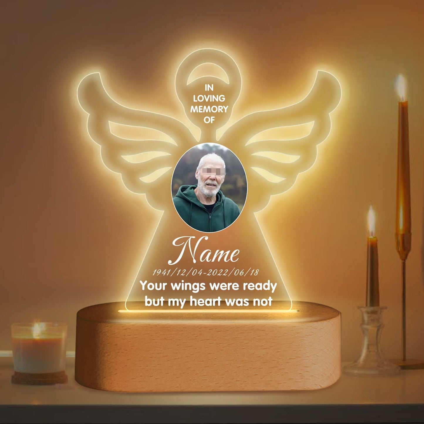 Personalized Memorial Gift Photo Night Light Customized Light Up Acrylic Plaque Lamp Sympathy Bereavement Remembrance Gift(Love Wings)