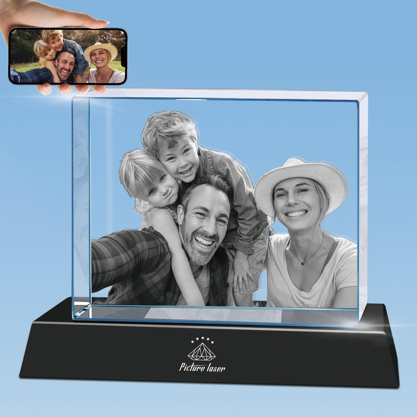 3D Crystal Photo with LED Light Base, Personalized Gifts with Your Own Photo, Laser Engraving 3D Pictures and Customized Text, Small