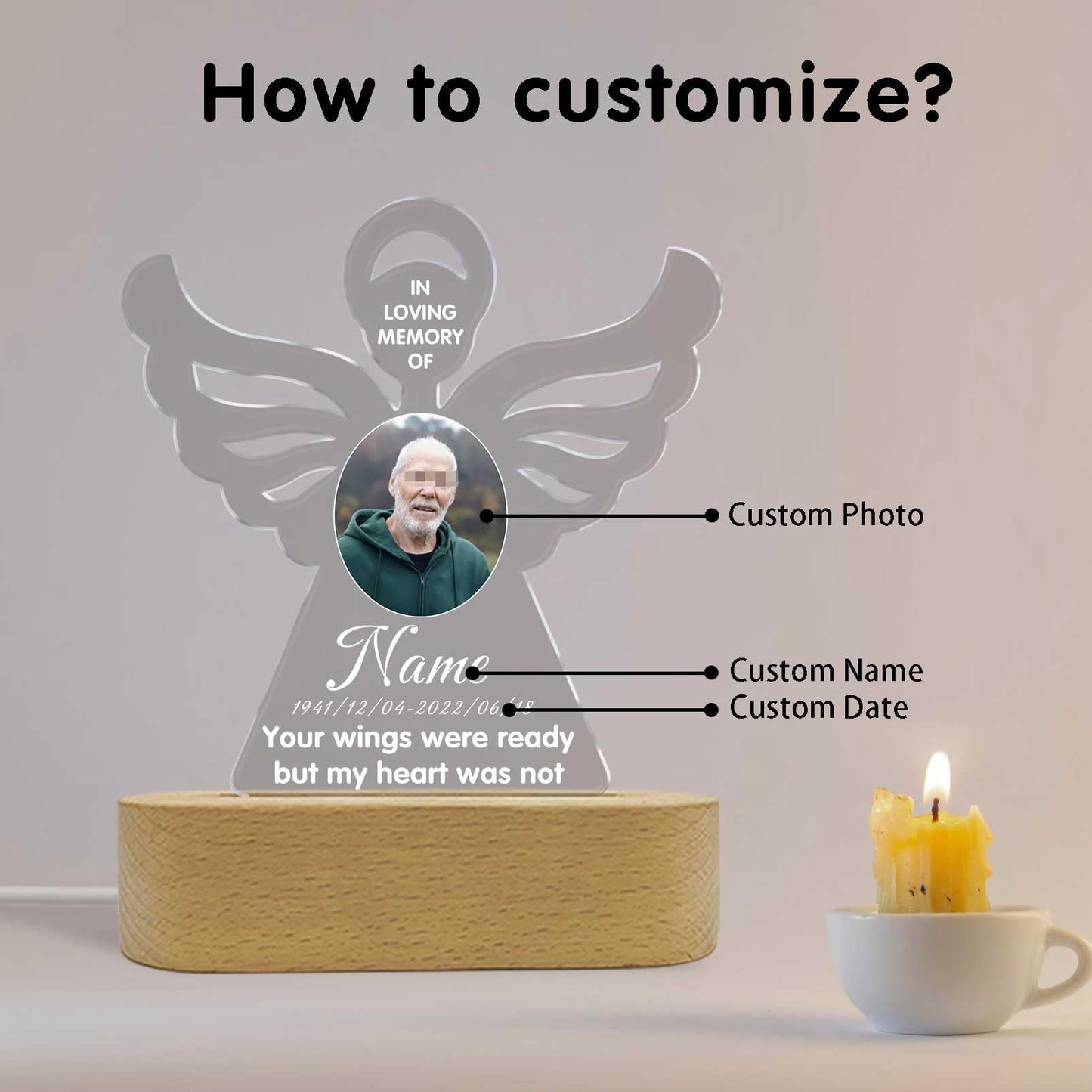 Personalized Memorial Gift Photo Night Light Customized Light Up Acrylic Plaque Lamp Sympathy Bereavement Remembrance Gift(Love Wings)