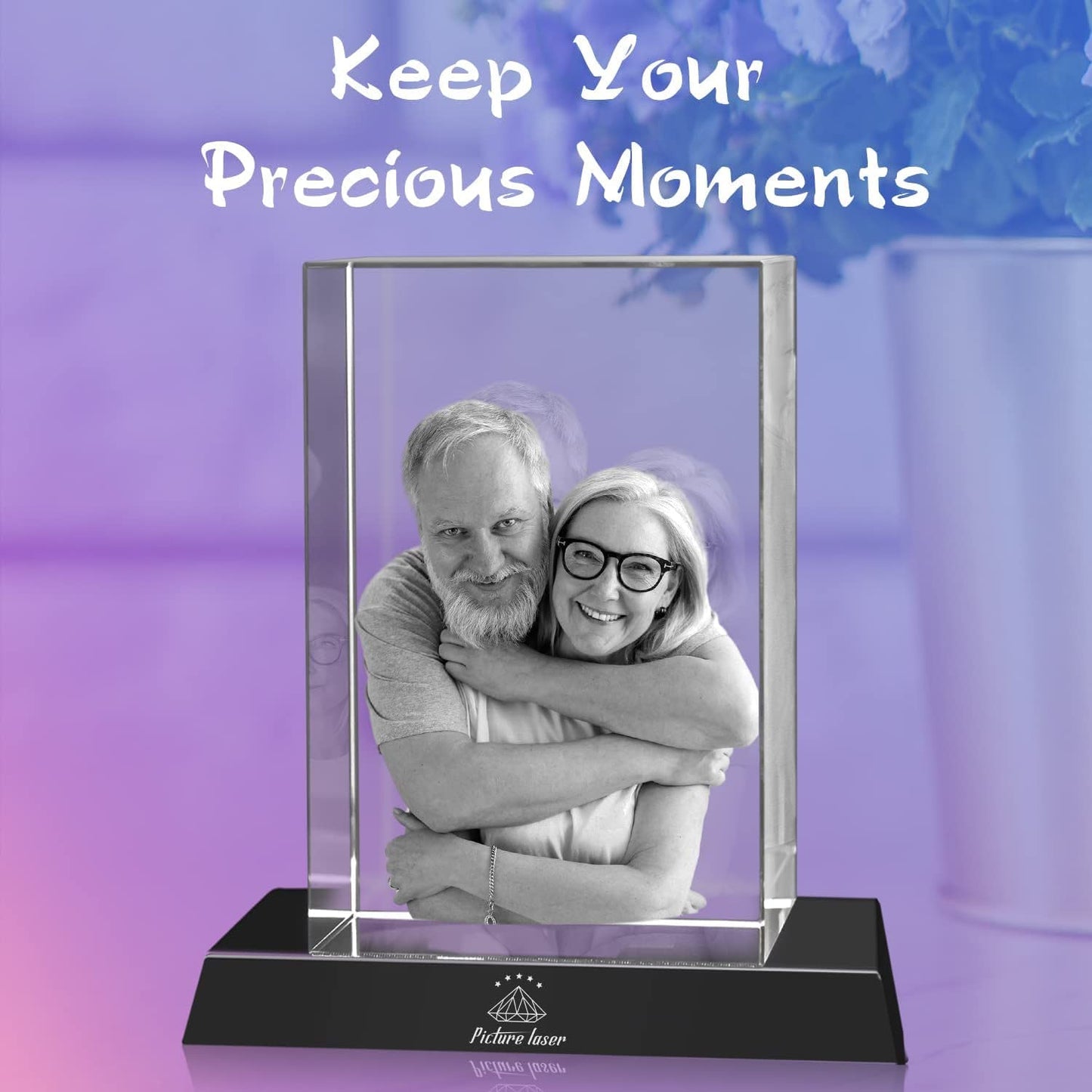 3D Crystal Photo with LED Light Base, Personalized Gifts with Your Own Photo, Laser Engraving 3D Pictures and Customized Text, Small