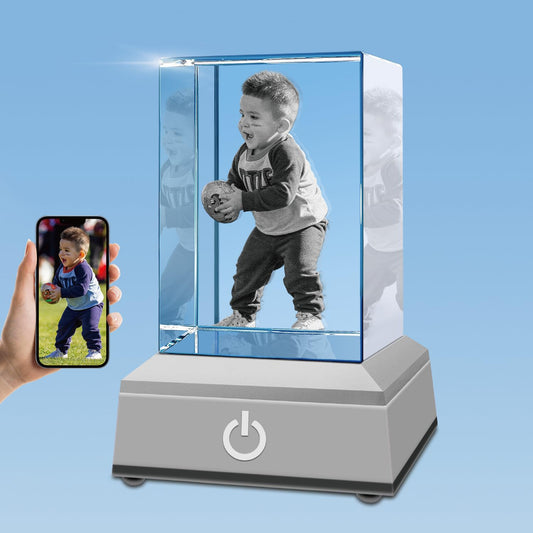 3D Crystal Photo with LED Light Base, Personalized Gifts with Your Own Photo, Laser Engraving 3D Pictures and Customized Text, Small