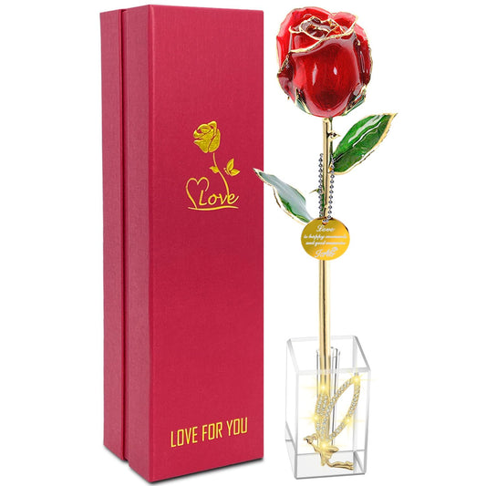 24k Gold Rose Valentines Day Gifts for Her Women,Real Rose Dipped 24K Gold,Best Gifts for Valentines Day Christmas Birthday Anniversary for Women,Mom,Grandma(Red,Crystal Stand)