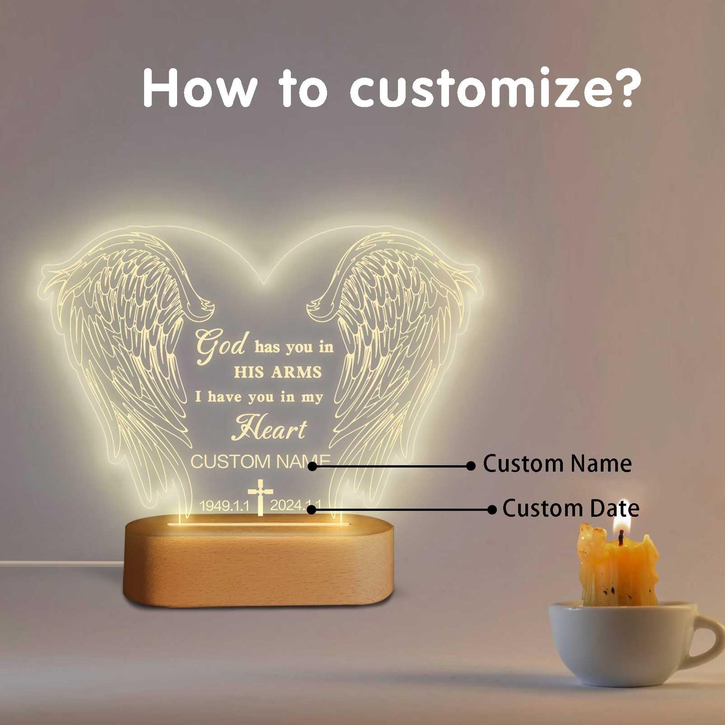 Personalized Memorial Gift Photo Night Light Customized Light Up Acrylic Plaque Lamp Sympathy Bereavement Remembrance Gift(Love Wings)