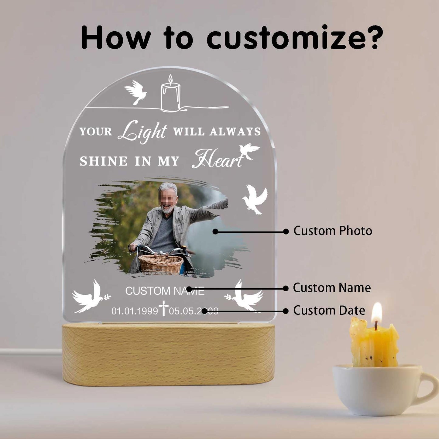 Personalized Memorial Gift Photo Night Light Customized Light Up Acrylic Plaque Lamp Sympathy Bereavement Remembrance Gift(Love Wings)