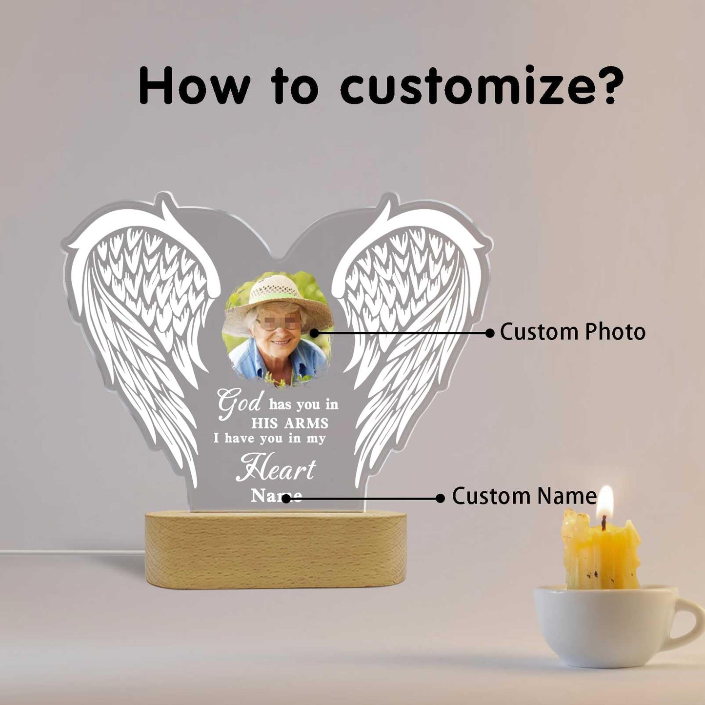 Personalized Memorial Gift Photo Night Light Customized Light Up Acrylic Plaque Lamp Sympathy Bereavement Remembrance Gift(Love Wings)