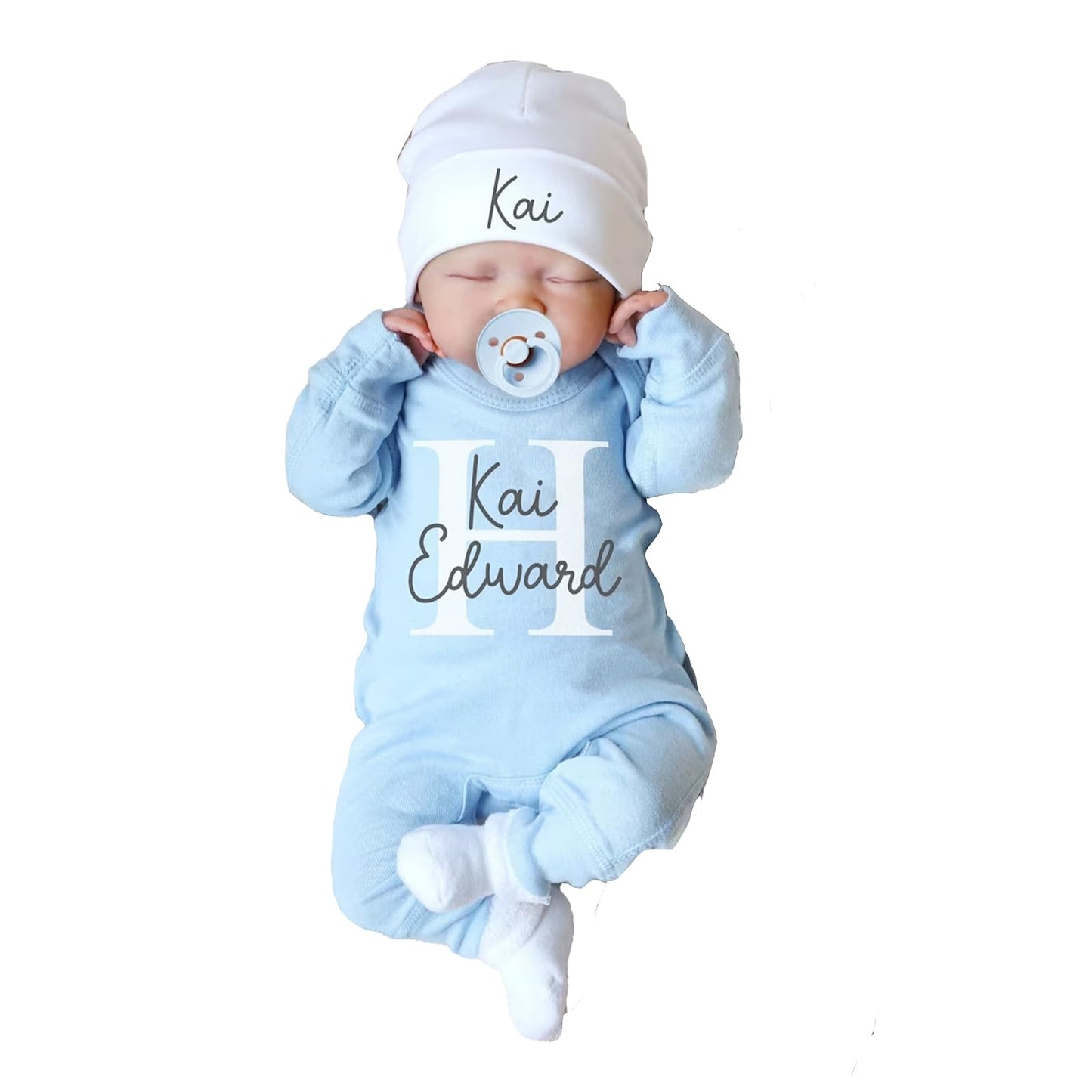 Custom Personalized Newborn Baby Coming Home Outfit with Monogrammed Sleeper, Custom Embroidered Romper and Hat Set for Baby Girl and Boy - Perfect Baby Shower Gift (Style 1)