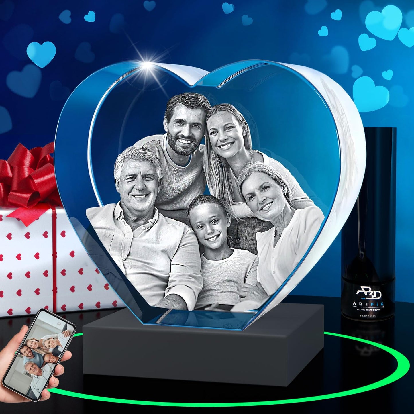 ArtPix 3D Crystal Photo, Valentines Day Personalized Gifts for Women, Wife, Men, Her, Him, Great V-Day Custom Gift With Your Own Photo, Customized Glass 3D Laser Etched Picture Wedding - Heart