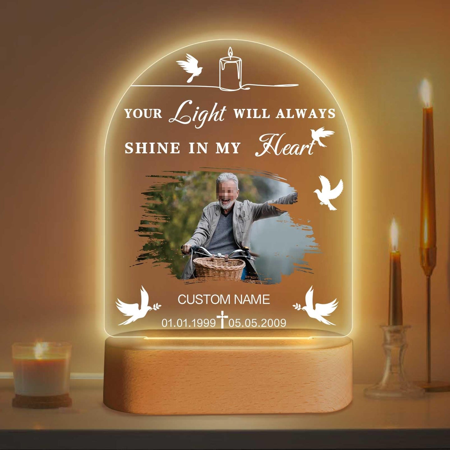 Personalized Memorial Gift Photo Night Light Customized Light Up Acrylic Plaque Lamp Sympathy Bereavement Remembrance Gift(Love Wings)