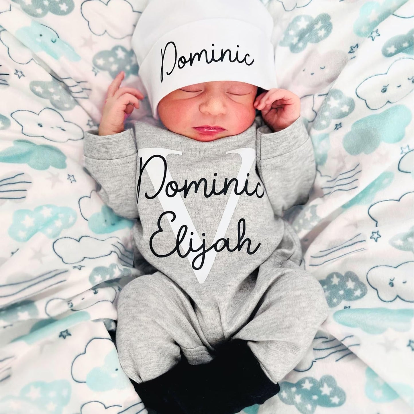 Custom Personalized Newborn Baby Coming Home Outfit with Monogrammed Sleeper, Custom Embroidered Romper and Hat Set for Baby Girl and Boy - Perfect Baby Shower Gift (Style 1)