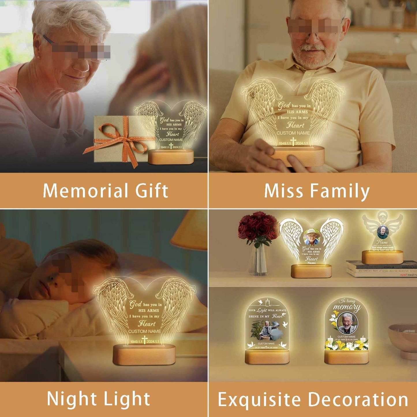 Personalized Memorial Gift Photo Night Light Customized Light Up Acrylic Plaque Lamp Sympathy Bereavement Remembrance Gift(Love Wings)