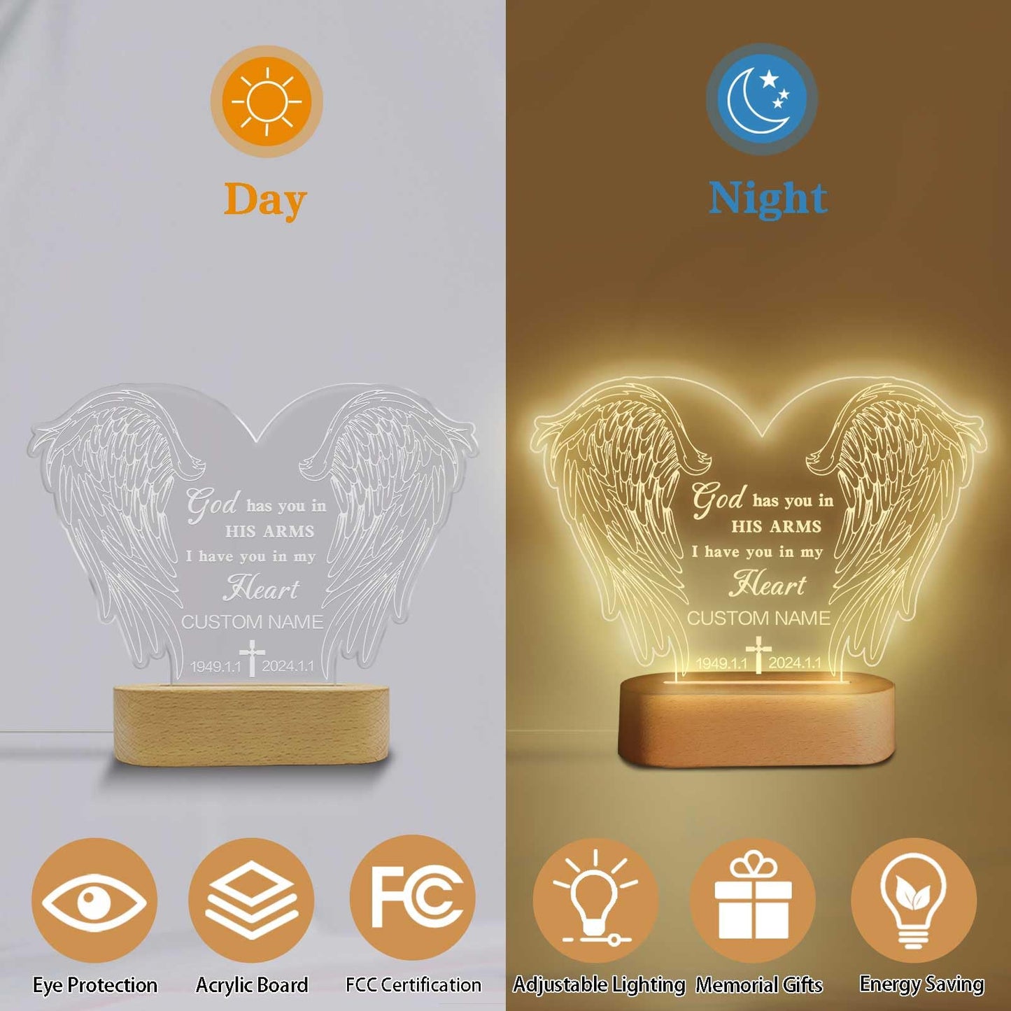 Personalized Memorial Gift Photo Night Light Customized Light Up Acrylic Plaque Lamp Sympathy Bereavement Remembrance Gift(Love Wings)