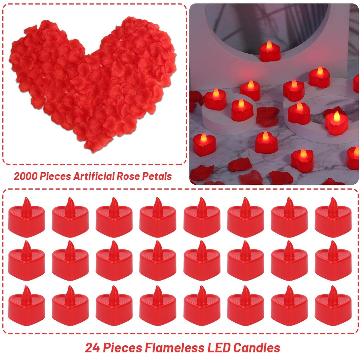 cridoz 2000 Pieces Artificial Rose Petals with 24 Pieces LED Tea Lights Candles, Romantic Decorations Special Night Set for Valentine's Day, Wedding Anniversary or Table Décor