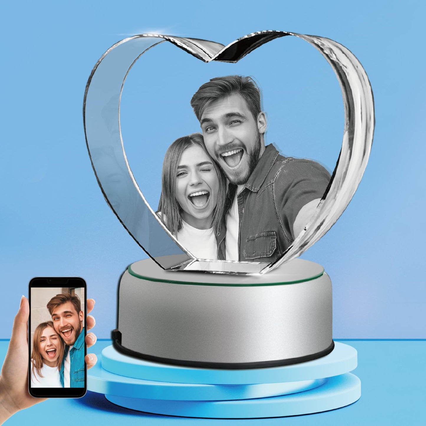 3D Crystal Photo with LED Light Base, Personalized Gifts with Your Own Photo, Laser Engraving 3D Pictures and Customized Text, Small