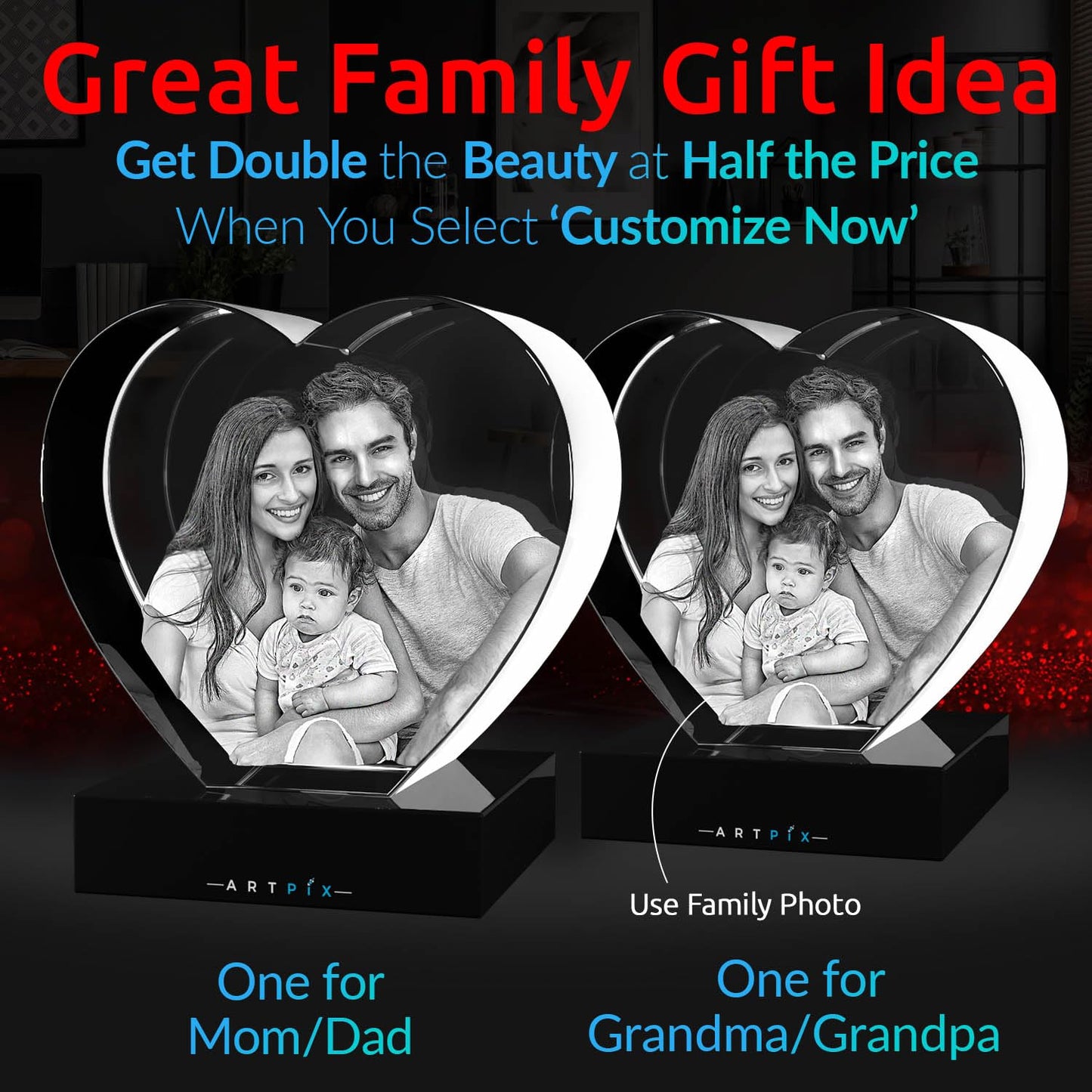 ArtPix 3D Crystal Photo, Valentines Day Personalized Gifts for Women, Wife, Men, Her, Him, Great V-Day Custom Gift With Your Own Photo, Customized Glass 3D Laser Etched Picture Wedding - Heart