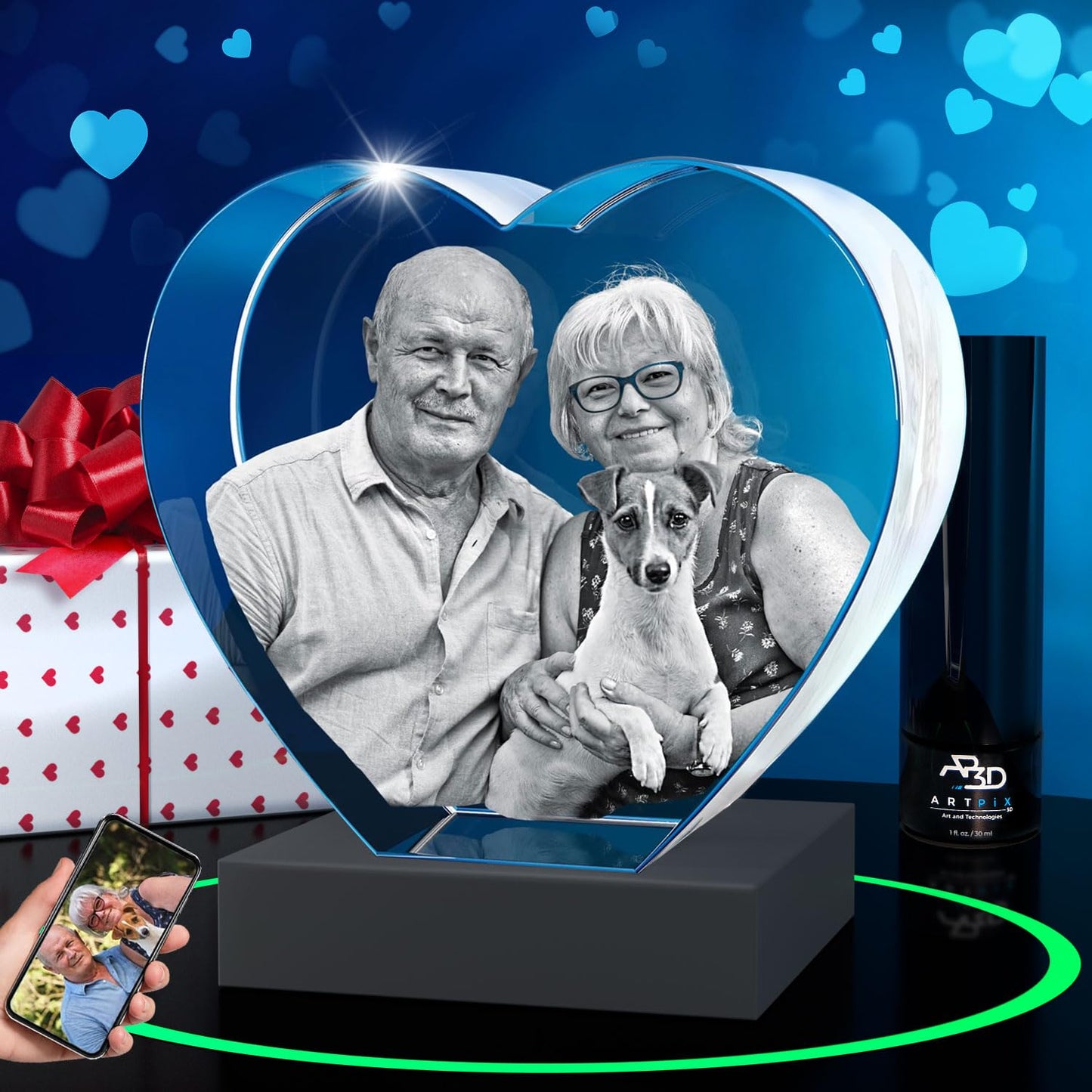 ArtPix 3D Crystal Photo, Valentines Day Personalized Gifts for Women, Wife, Men, Her, Him, Great V-Day Custom Gift With Your Own Photo, Customized Glass 3D Laser Etched Picture Wedding - Heart