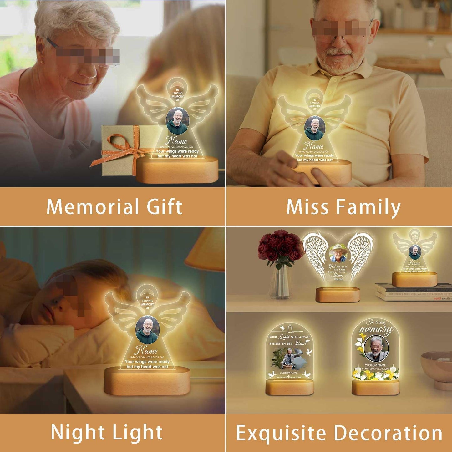 Personalized Memorial Gift Photo Night Light Customized Light Up Acrylic Plaque Lamp Sympathy Bereavement Remembrance Gift(Love Wings)