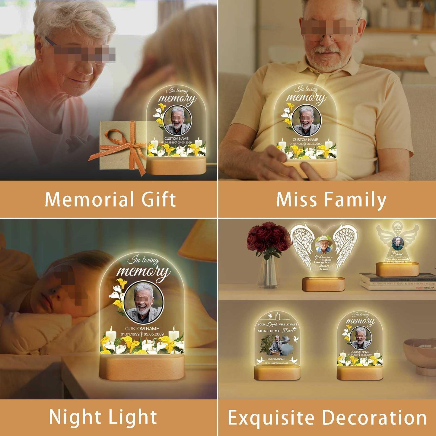 Personalized Memorial Gift Photo Night Light Customized Light Up Acrylic Plaque Lamp Sympathy Bereavement Remembrance Gift(Love Wings)