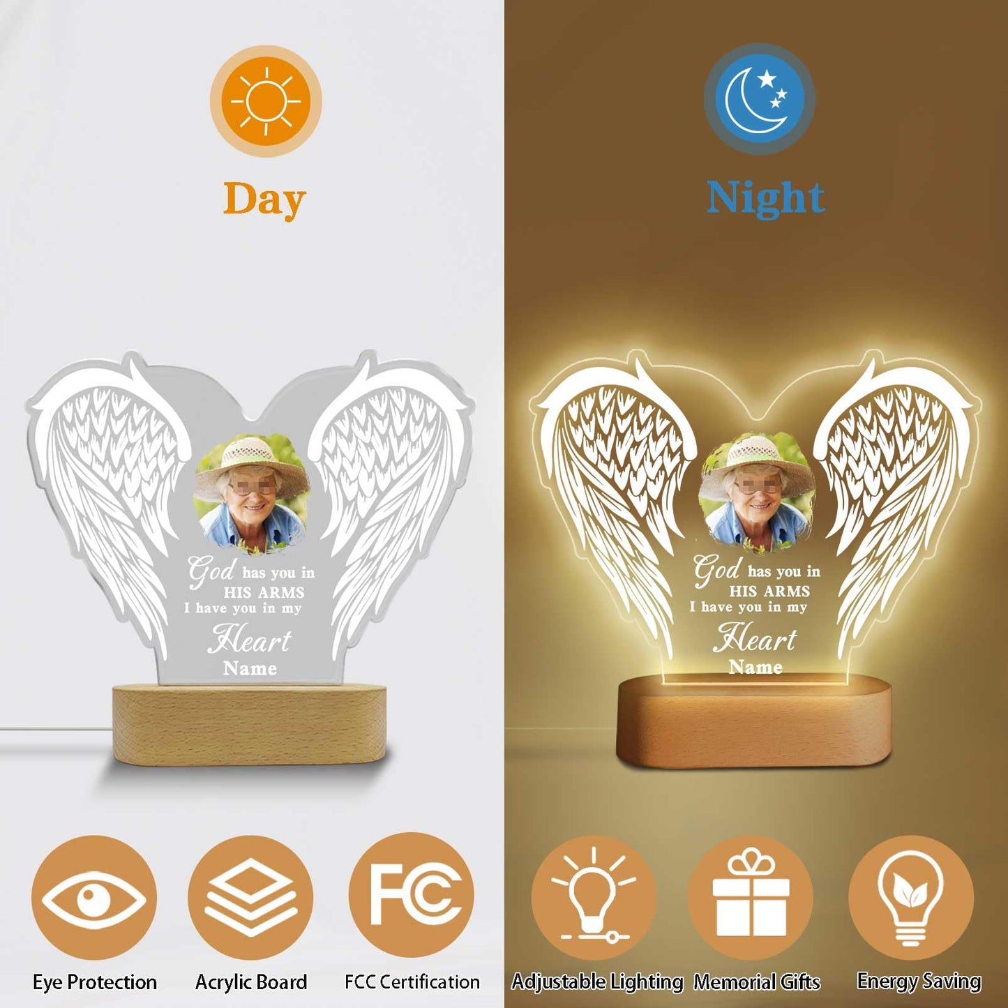 Personalized Memorial Gift Photo Night Light Customized Light Up Acrylic Plaque Lamp Sympathy Bereavement Remembrance Gift(Love Wings)