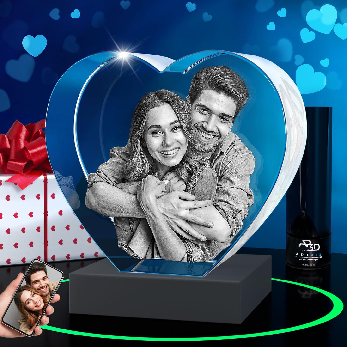 ArtPix 3D Crystal Photo, Valentines Day Personalized Gifts for Women, Wife, Men, Her, Him, Great V-Day Custom Gift With Your Own Photo, Customized Glass 3D Laser Etched Picture Wedding - Heart