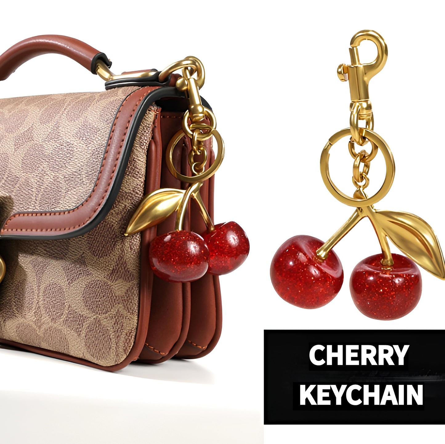 Luxurious 18K Gold Plated Cherry Bag Charm , Cherry Keychain Accessory Purse Charm