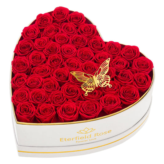 Eterfield 47-Piece Forever Flowers in Heart Shape Box, Preserved Roses That Last a Year Preserved Flowers Birthday Gifts for Women Wife Valentine's Day Mother's Day (Red Roses, Heart White Suede Box)