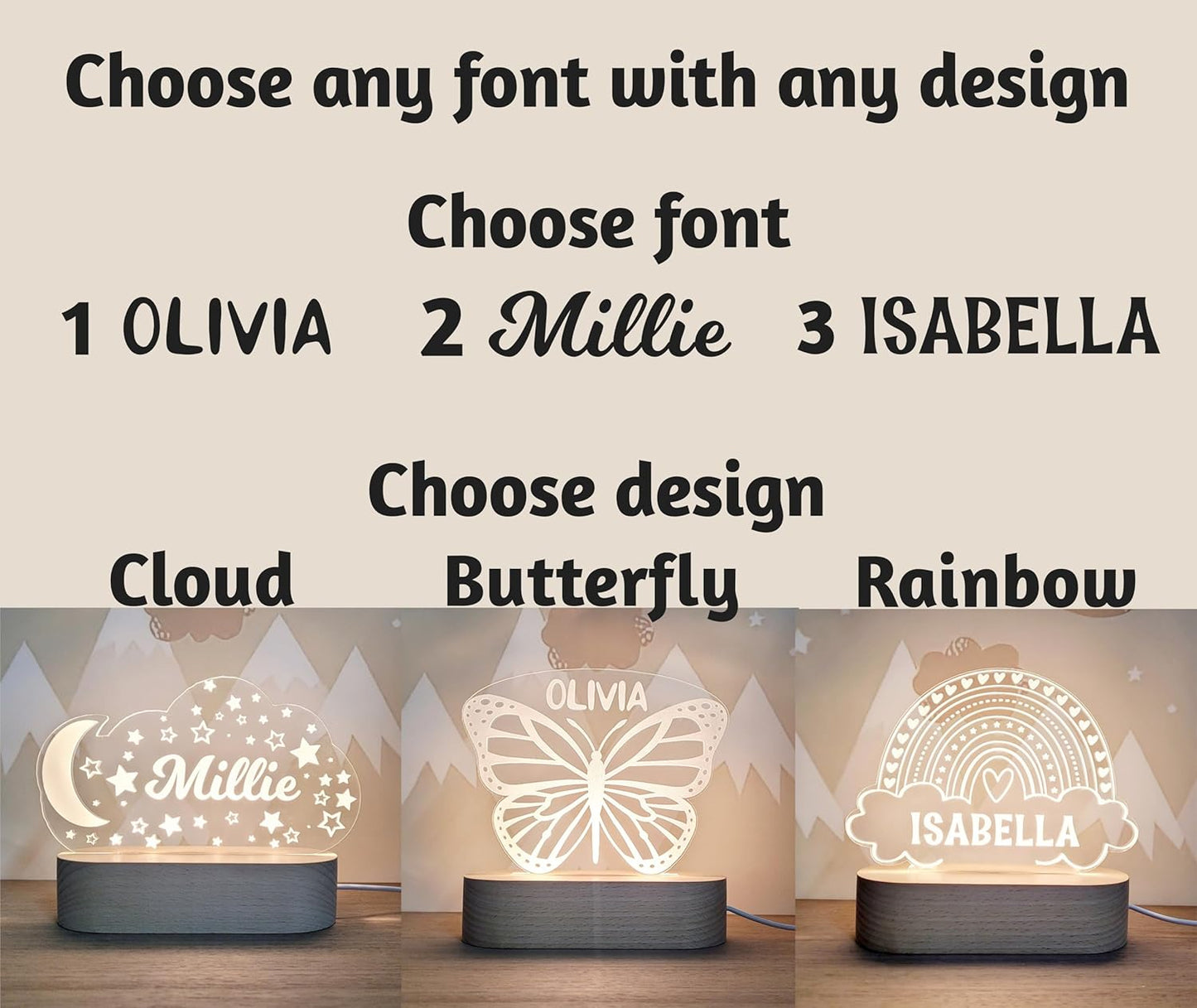 Custom/Unique Night Light Cute Personalized Baby Gifts Cloud Butterfly Rainbow Moon & Stars Customized Name Gifts Personalized Gifts for Kids Perfect Personalized Baby Girl Gifts and Customized Baby Gifts