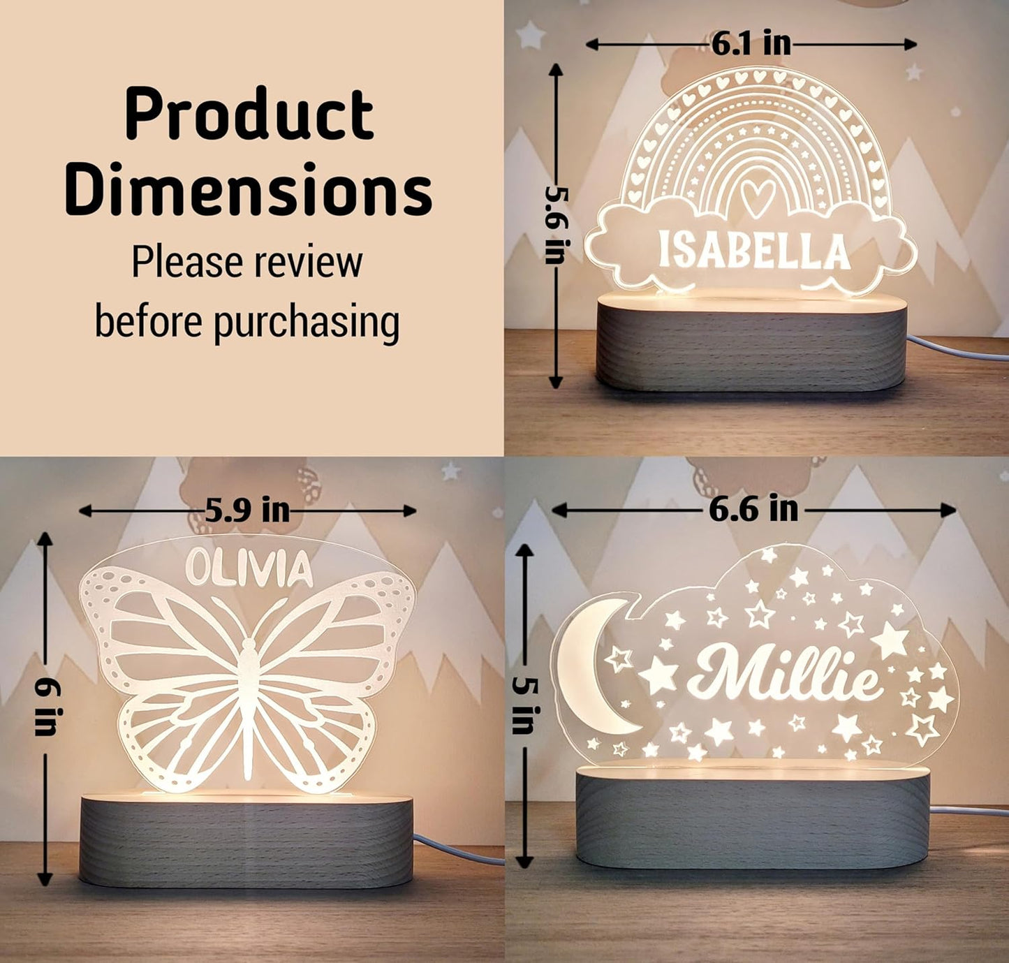 Custom/Unique Night Light Cute Personalized Baby Gifts Cloud Butterfly Rainbow Moon & Stars Customized Name Gifts Personalized Gifts for Kids Perfect Personalized Baby Girl Gifts and Customized Baby Gifts