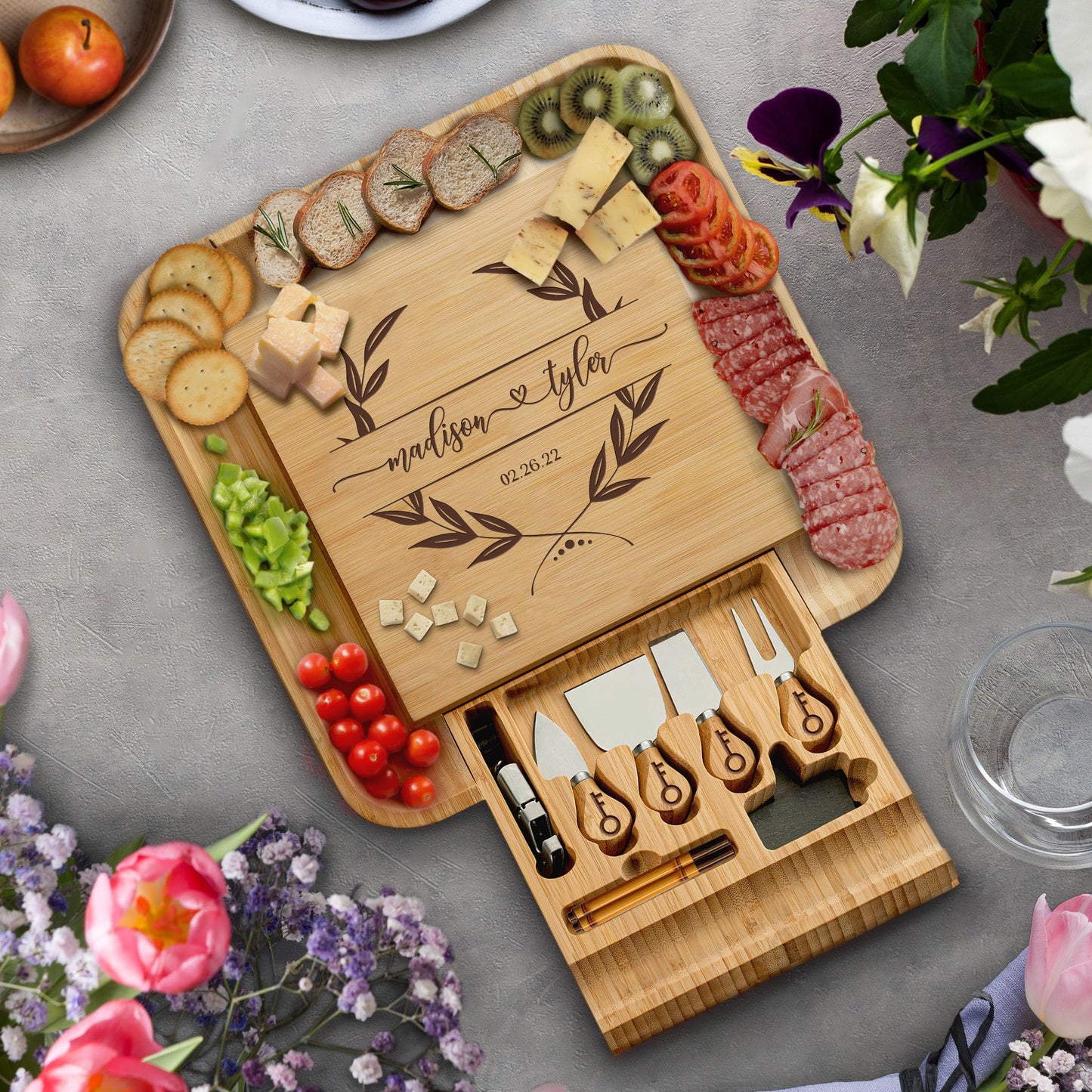 Charcuterie Board - Bamboo Cheese Board Charcuterie Boards Gift Set for Entertaining, Bridal Shower Gift, Wedding Gifts for Couples 2025, Housewarming Gifts New Home, Valentines Day Gifts for Women